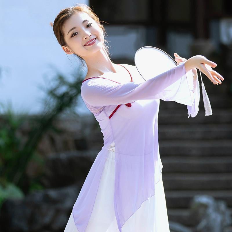 古典舞练功服女身韵舞蹈纱衣形体上衣飘逸套装舞蹈练功服装中国风粉红