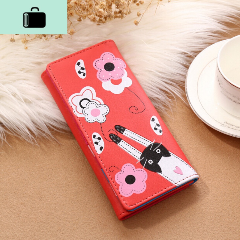 钱包女长款2020女士钱包日韩版可爱卡通猫咪拉NEW LAKE 西瓜红