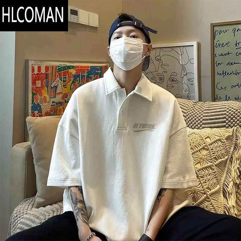 HLCOMAN衫短袖男夏季男潮牌宽松学院风休闲半袖t恤翻领上衣