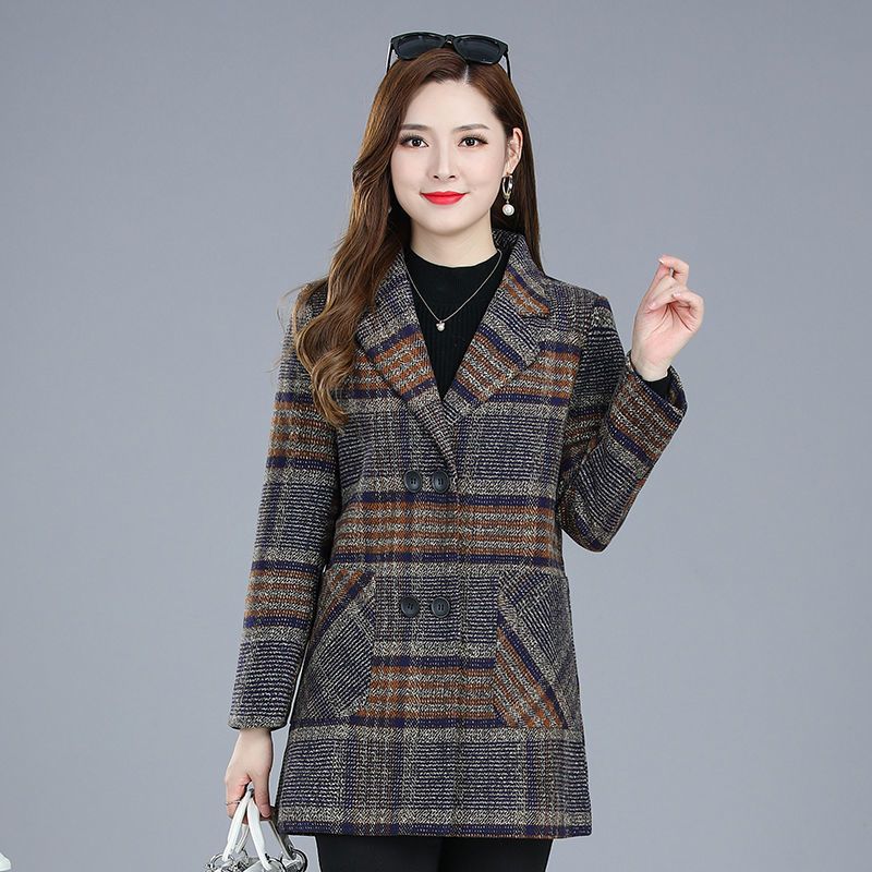 妈妈装秋冬毛呢外套女时尚洋气中老年女士中长款格子加厚呢子大衣