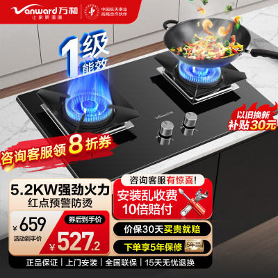 万和(Vanward) 天然气燃气灶JZT-C5L90S煤气灶双眼灶嵌入式灶具5.0kW大火力全进风钢化玻璃一级能效