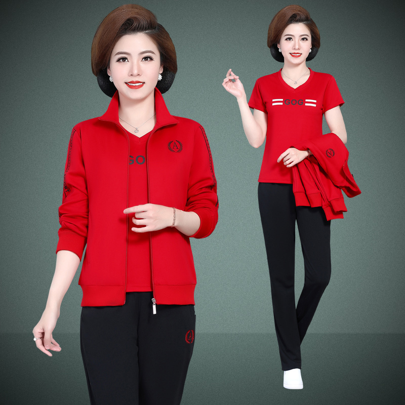 均妮品牌2021新款运动套装女中老年人春秋新款大码宽松中年妇女卫衣休闲妈妈运动服套装长袖棉三件套