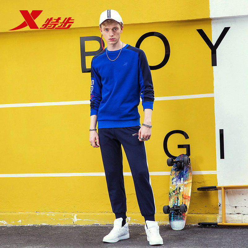 特步(Xtep)男运动套装正品2018秋冬新款针织加绒卫衣运动裤加大型薄款882429979310