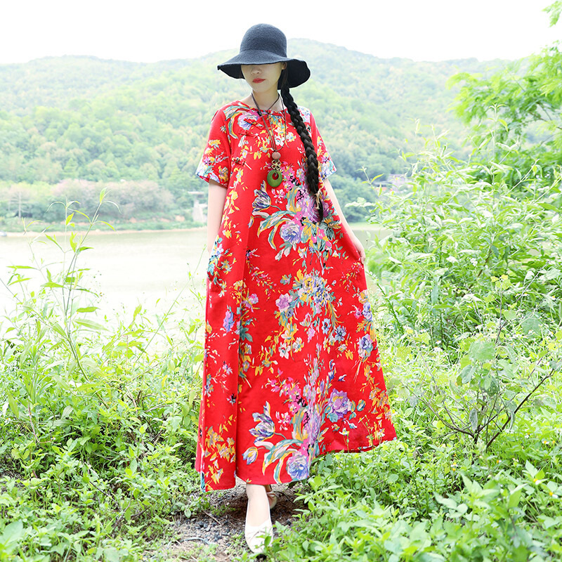 2018夏季民族风女装黄色印花棉麻长裙子大码宽松长款连衣裙lm