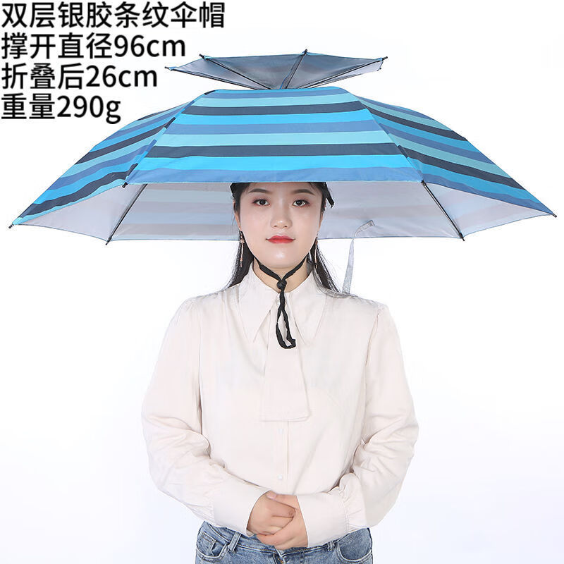 翊橙头盔伞带头上的伞帽头戴式遮阳钓鱼伞大号采茶斗笠雨伞帽斗篷头盔 高密银胶双层条纹直径96cm