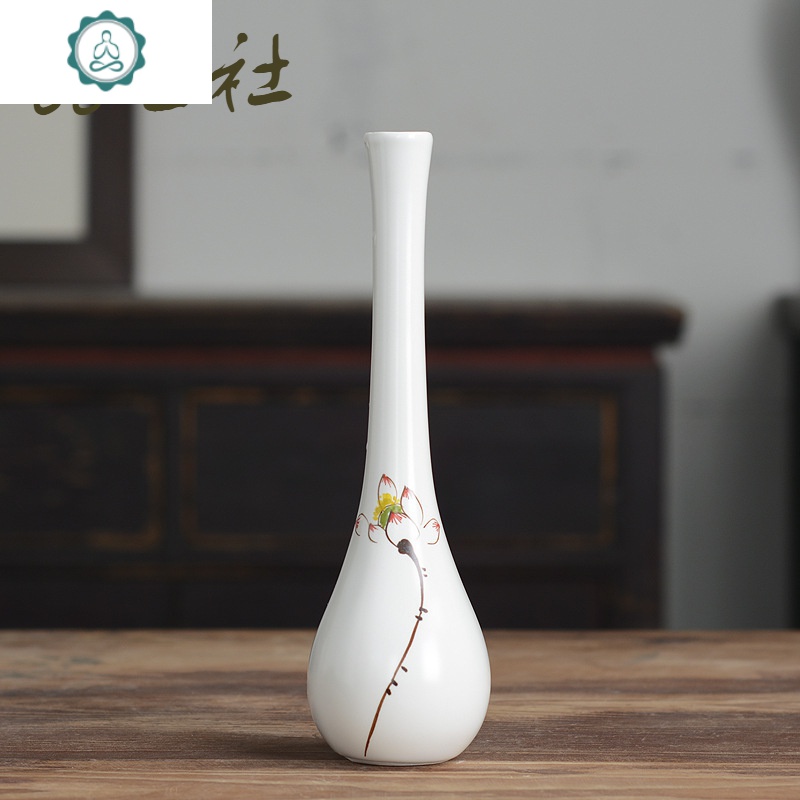 景德镇陶瓷小花瓶摆件手绘荷花白瓷瓶观音玉净瓶禅意中式古风花瓶 封
