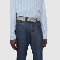 GUCCI/古驰 腰带 男款经典款大logo双G印花米蓝帆布银扣