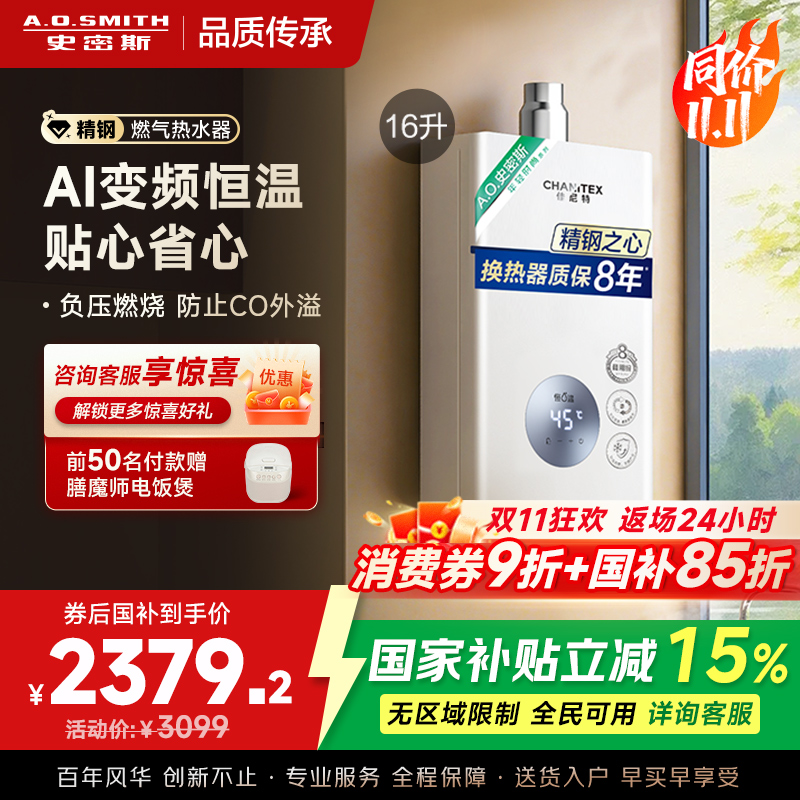 AO史密斯16升燃气热水器佳尼特 不锈钢换热器8年包换 恒温大水量 抗风防冻 JSQ31-TC1