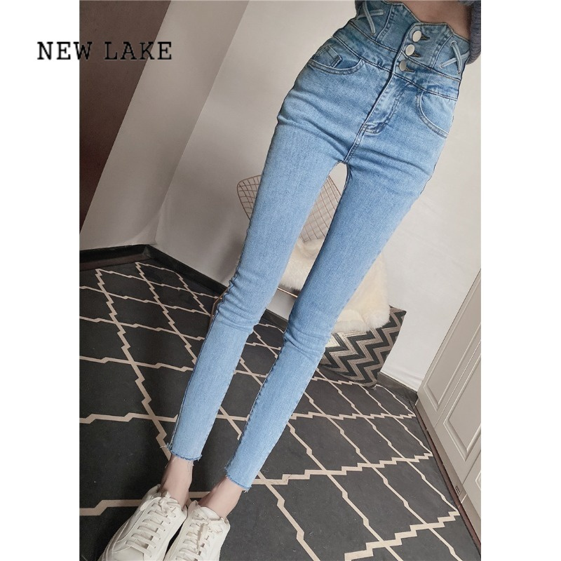 new lake辣妹风高腰修身牛仔裤女2024年新款春秋紧身九分小脚铅笔长裤
