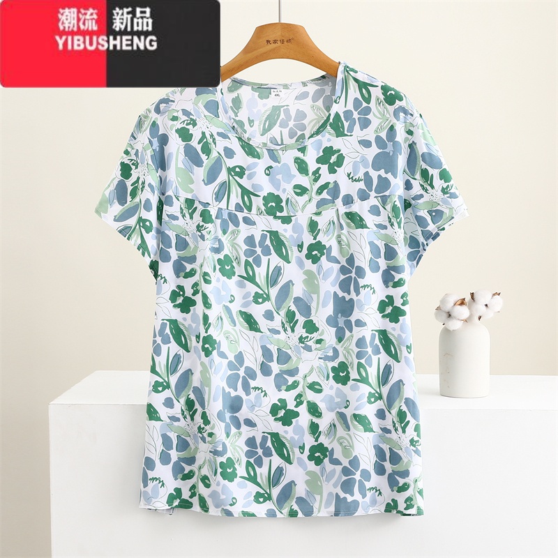 YIBUSHENG季棉绸短袖上衣女薄款宽松大码妈妈人造棉圆领T恤衫中老年装高清大图