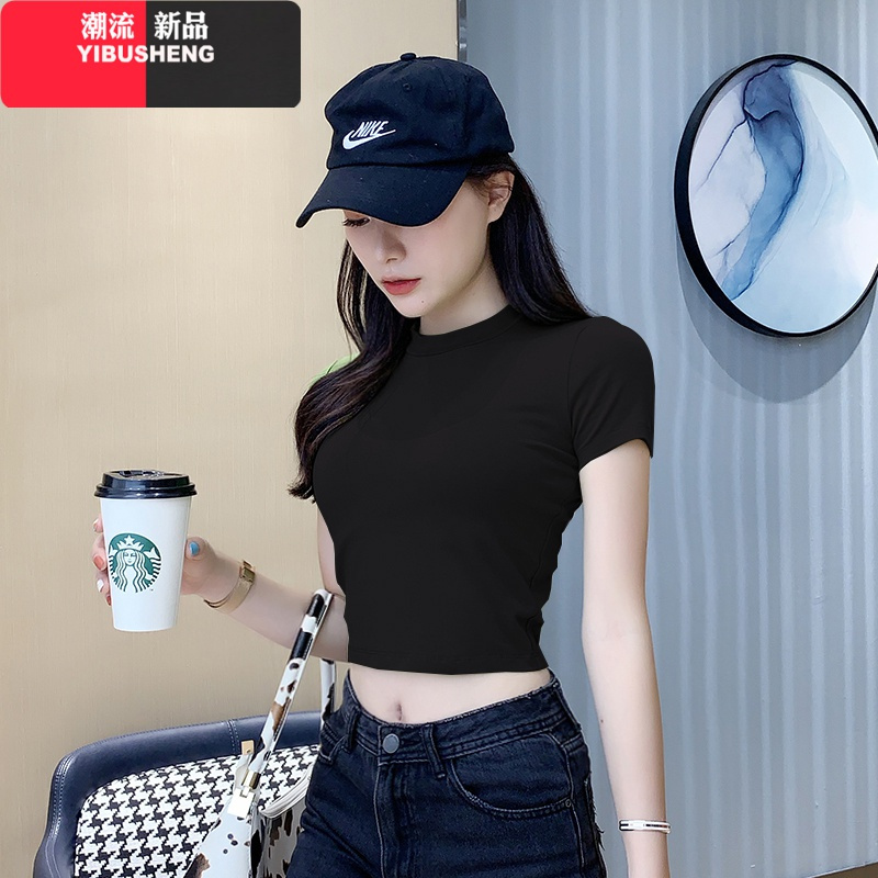 yibusheng短款香芋紫色露脐上衣女夏修身高腰紧身爵士漏肚脐小个子