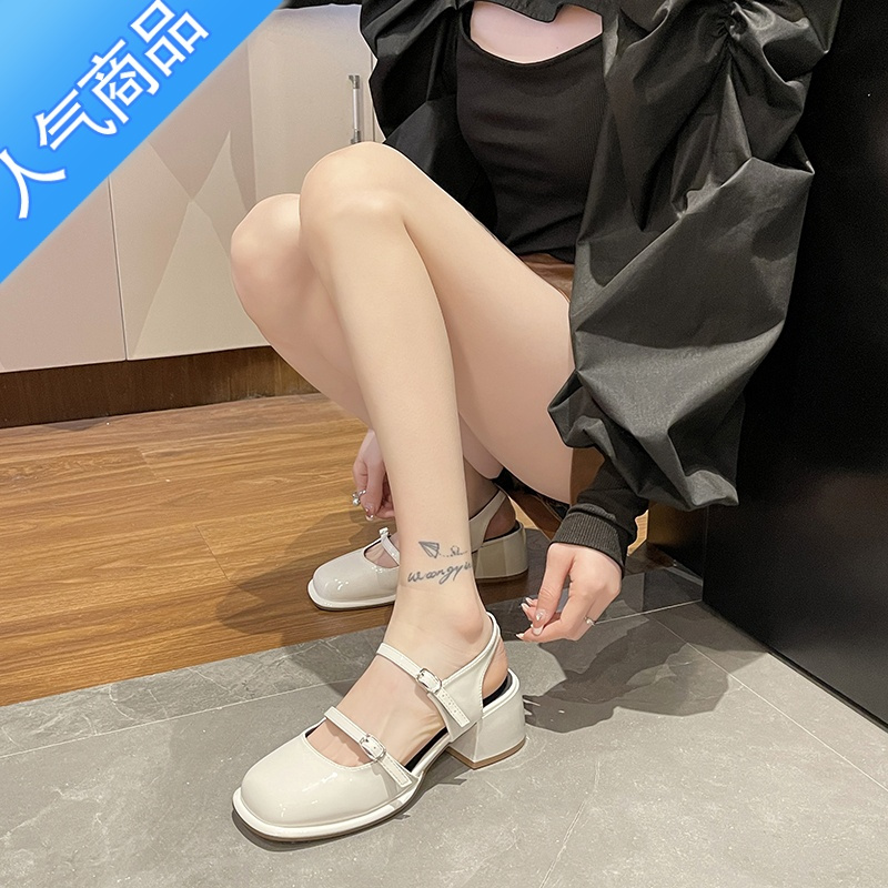 SUNTEK玛丽珍包头凉鞋女夏粗跟中跟2022年新款方头一字带法式气质高跟鞋