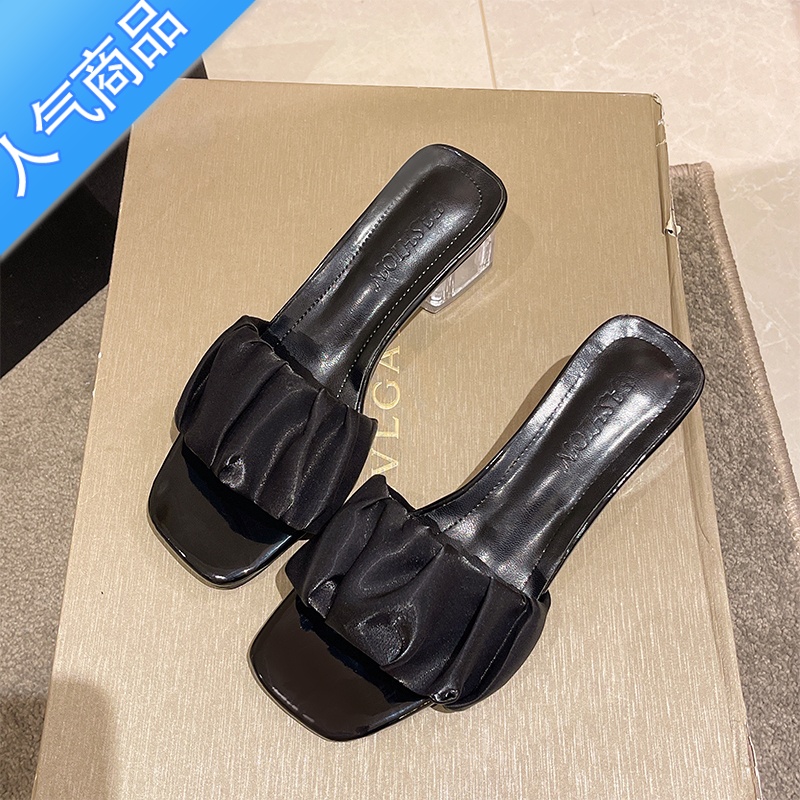 SUNTEK网红配裙子穿的高跟拖鞋女2022新款夏季时尚网纱仙女风中跟拖0配高清大图