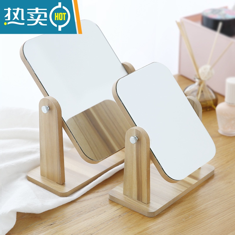 敬平台式化妆镜ins少女桌面木质梳妆镜学生宿舍大号可立便携折叠镜子 塑料款[粉色]便携式用镜高清大图