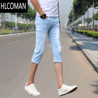 HLCOMAN夏季弹力七分裤男士薄款牛仔短裤青少年韩版潮男装百搭7分中裤青 28 天蓝七分裤