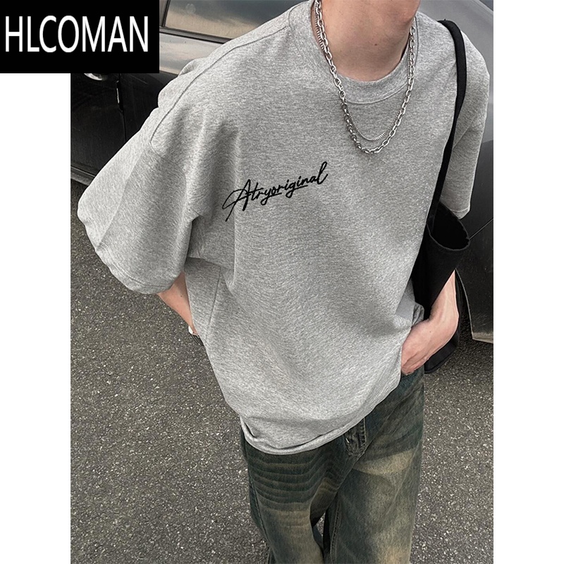 HLCOMAN美式花灰色短袖T恤男高街痞帅潮牌小领口设计感落肩半袖 花灰色 2XL