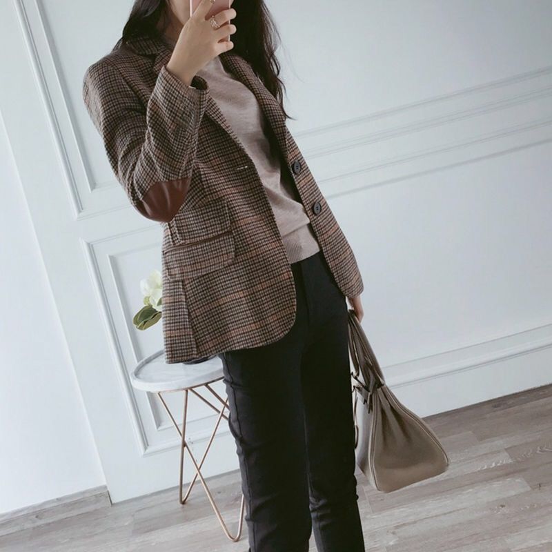 班俏BANQIAO格子小西装外套女2023春秋新款短款韩版大码复古女士西服上衣外套