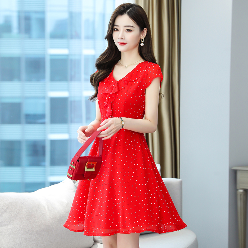 维菲梦红色波点雪纺连衣裙2020年夏季新款v领短袖荷叶边气质裙子女夏