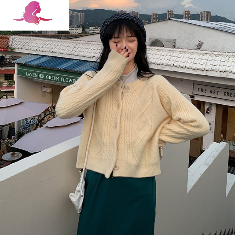 艳如飞针织开衫毛衣外套女秋冬韩版宽松外穿复古麻花港风chic长袖上衣潮T恤