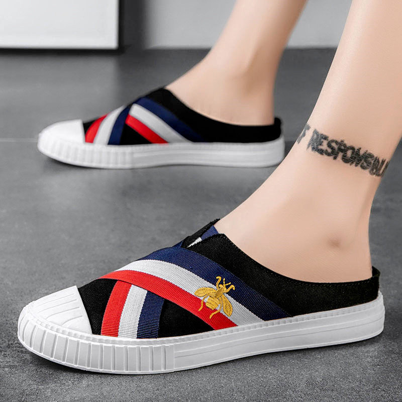 述雅2021年新款欧洲站小蜜蜂潮牌男鞋夏季百搭帆布板鞋潮鞋夏天懒人鞋