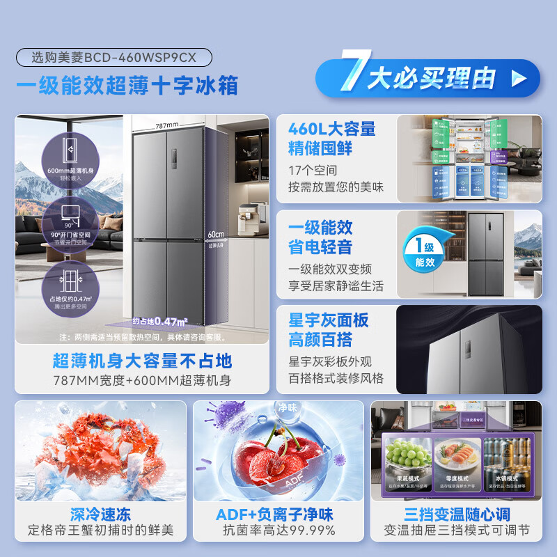 美菱收纳师460L十字门冰箱双变频一级能效家用超薄机身-32°深冷速冻风冷无霜BCD-460WSP9CX国家补贴高清大图