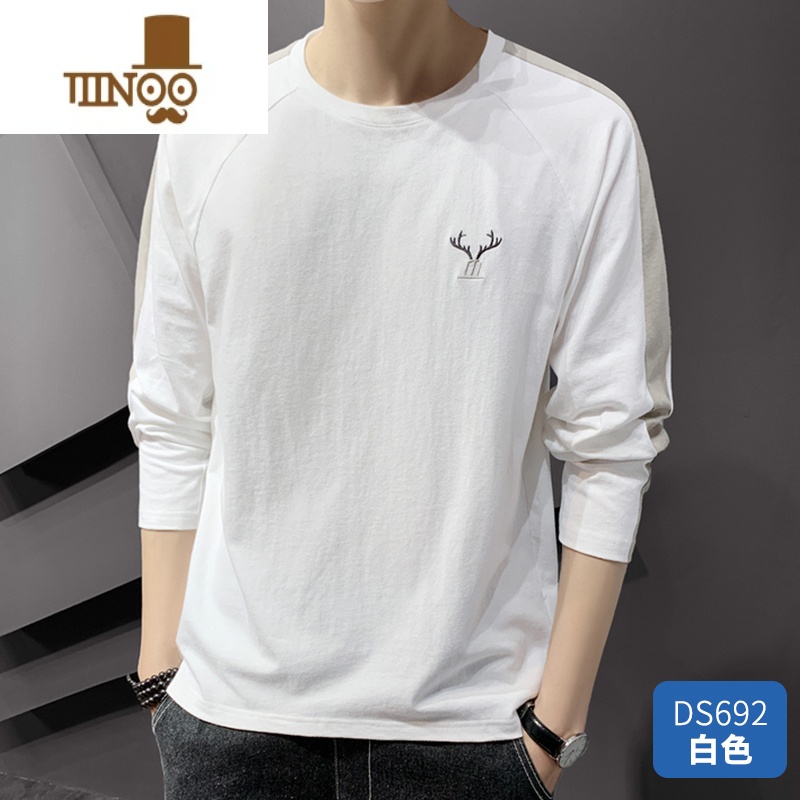 YANXUt恤男长袖潮牌春装打底衫男生简单款秋衣刺绣圆领体恤T 白色 L