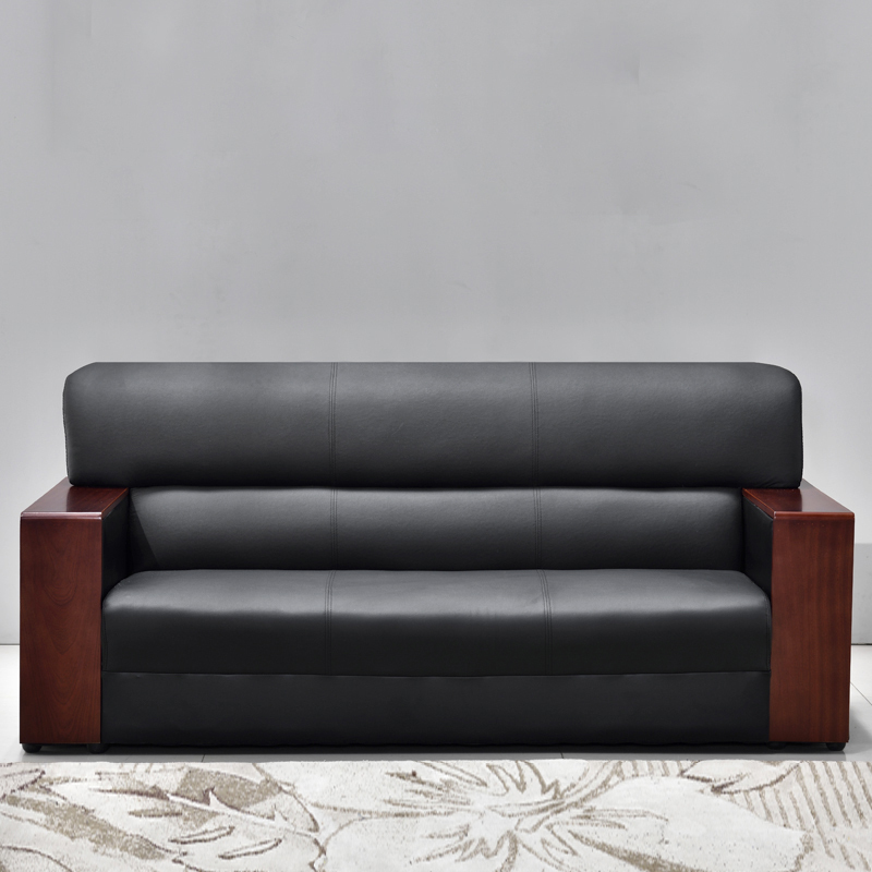 昇恒轩 办公沙发实木皮沙发黑色黑红沙发西皮三人位简约现代办公室沙发商务接待会客