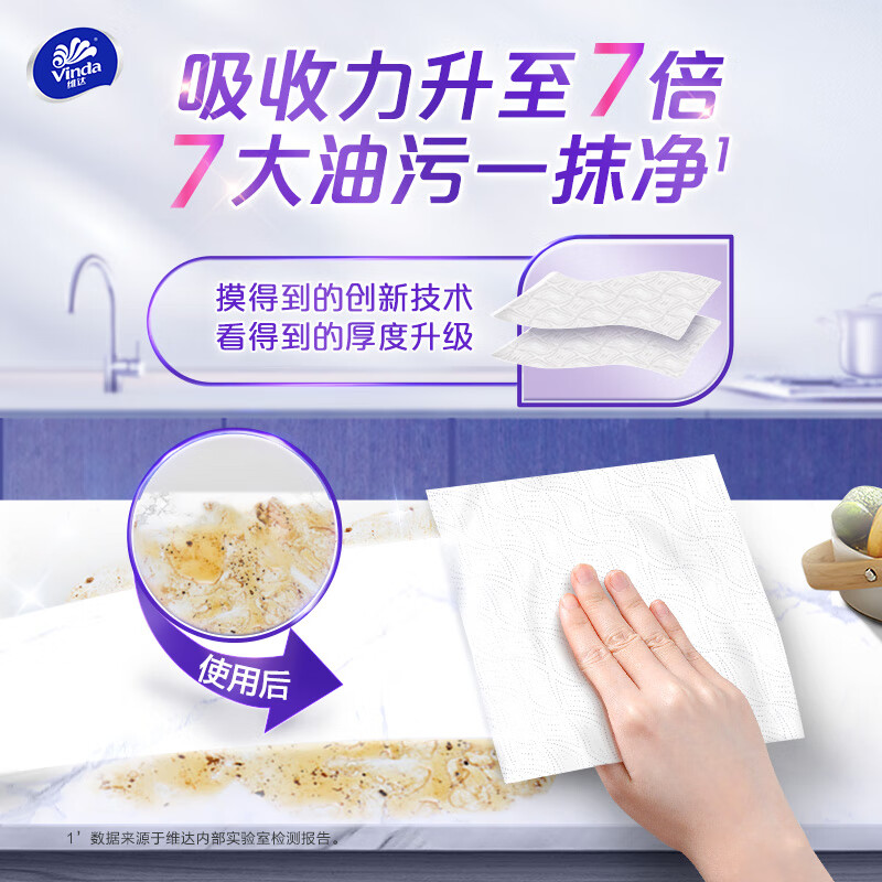 维达(Vinda)厨房卷纸 可水洗75节*2卷 懒人抹布 厨房用纸吸油纸 新旧交替高清大图