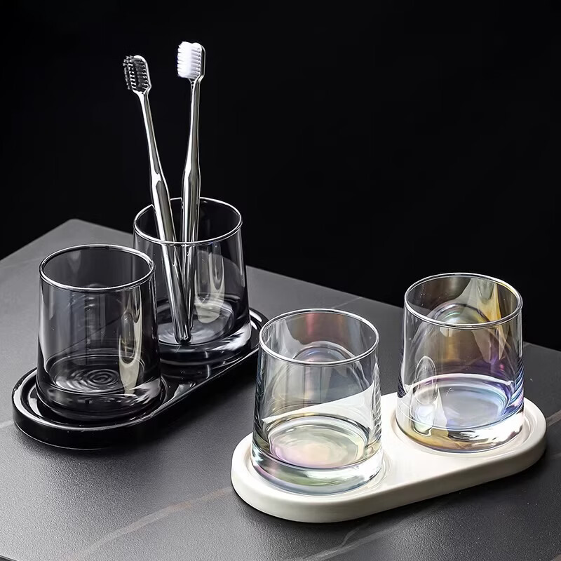 谋福 民宿杯刷牙杯子玻璃杯 陶瓷底座酒店簌口杯[2杯+托盘] 炫彩梯形杯+白色托盘高清大图