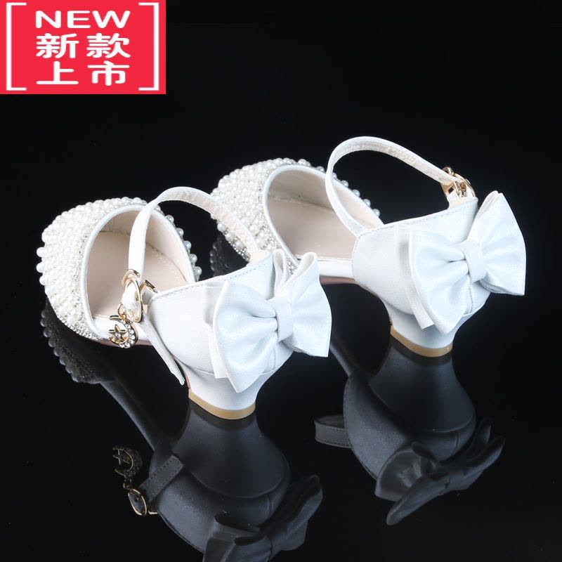 可莉允儿童礼服鞋女童皮鞋白色珍珠水晶公主鞋小主持模特走秀高跟演出鞋运动休闲鞋图片