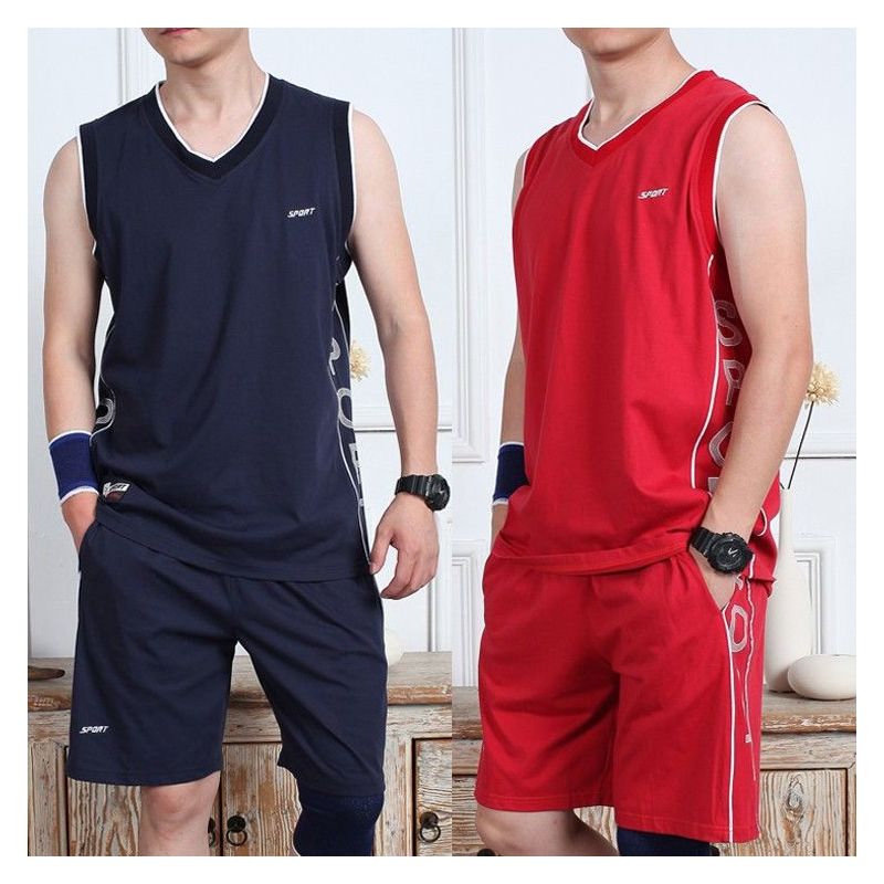 夏季运动套装男士棉跑步健身运动服休闲宽松背心短裤大码篮球服