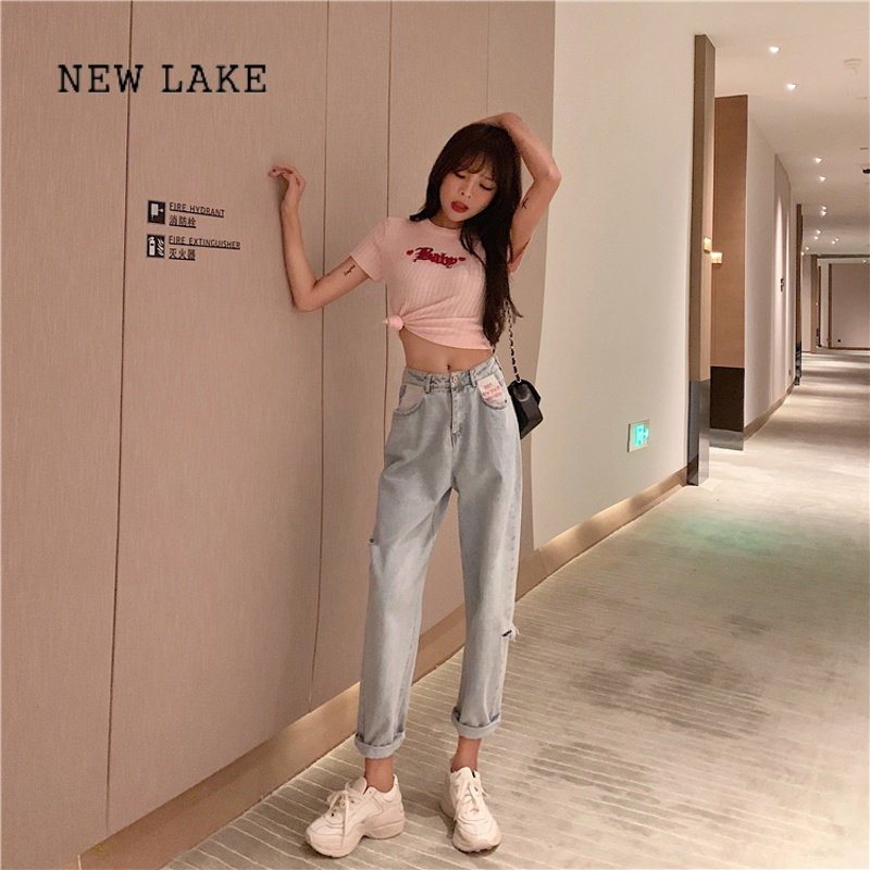 NEW LAKE韩版chic破洞浅色牛仔裤女夏季2024年新款显瘦宽松直筒阔腿老爹裤