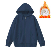 秋冬宽松韩版oversize灰色连帽薄绒卫衣女拉链外套女上衣 XXL 06藏青加绒