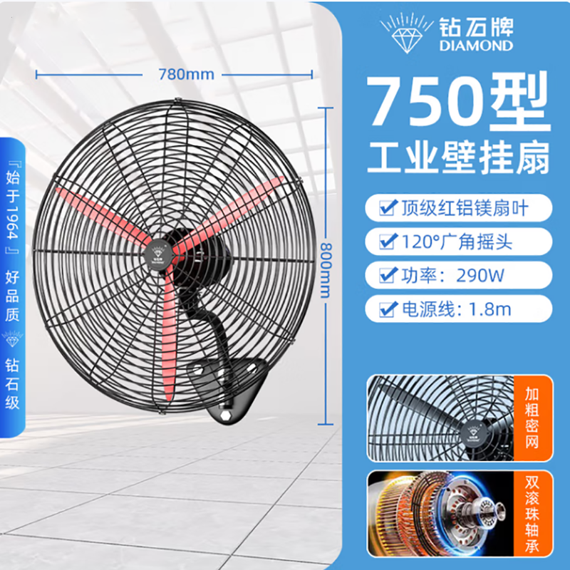 钻石牌工业壁扇FS-75铜线电机红色铝叶