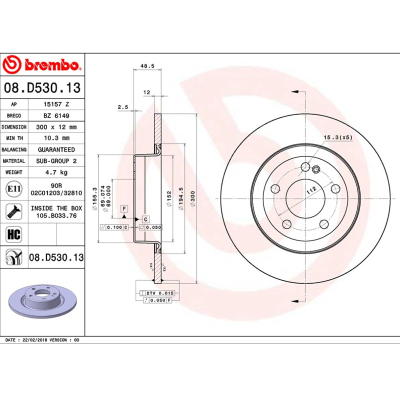 布雷博(brembo)后盘08.D530.13适配15-20款北京奔驰C级/16-18款进口奔驰C级(W205)(对装)