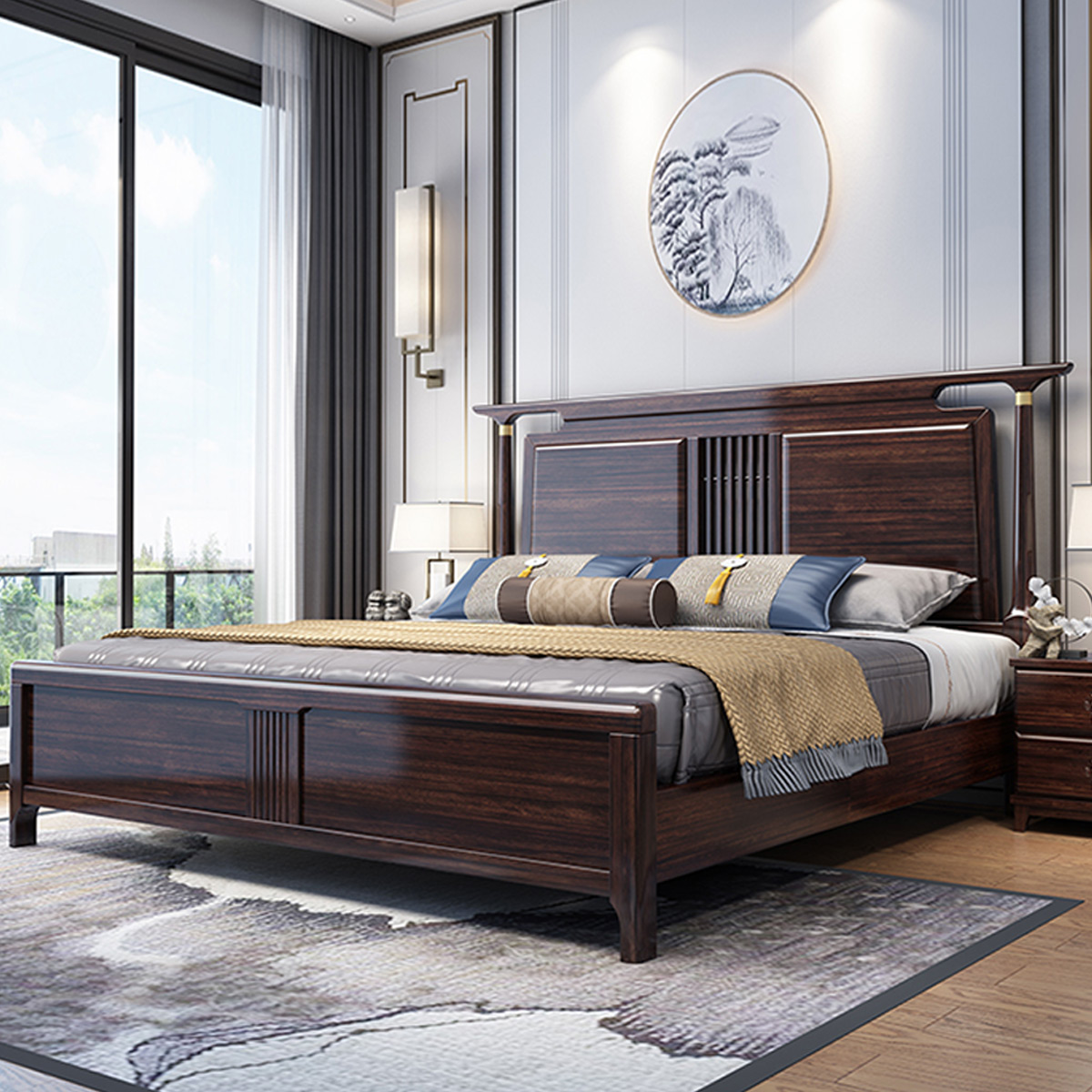 月影梳桐新中式实木床紫金丝檀木主卧室红木家具1.8米结婚大床小户型