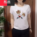 YIBUSHENG烫钻2024妈妈装季新款时尚圆领高级半袖女洋气短袖t恤薄款镶S XL建议125-135斤 白色百合图案