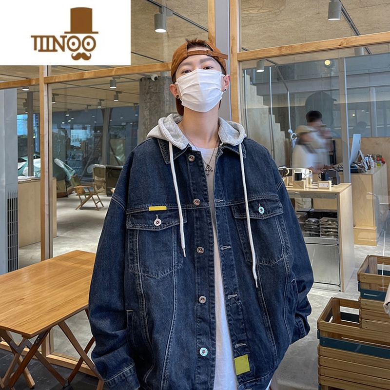 YANXU深蓝色牛仔外套男夏季薄款美式复古oversize假连帽牛仔衣夹克