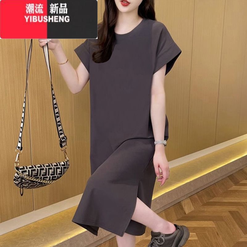 YIBUSHENG短袖连衣裙女季大码宽松中长款过膝t恤裙百搭休闲开叉长裙 灰色 L建议110-130斤