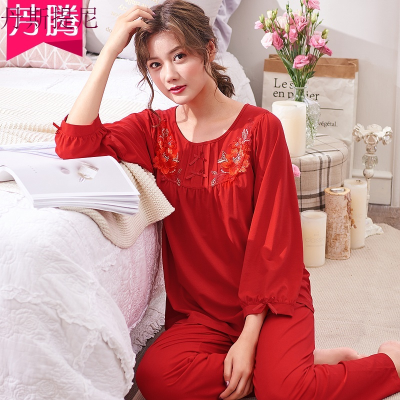 睡衣女士春秋季纯棉长袖家居服全棉新娘薄款大红色本命年大码套装