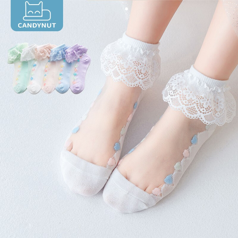 英国candynut儿童袜子女童夏季薄款网眼透气棉袜中筒可爱蕾丝舞蹈袜