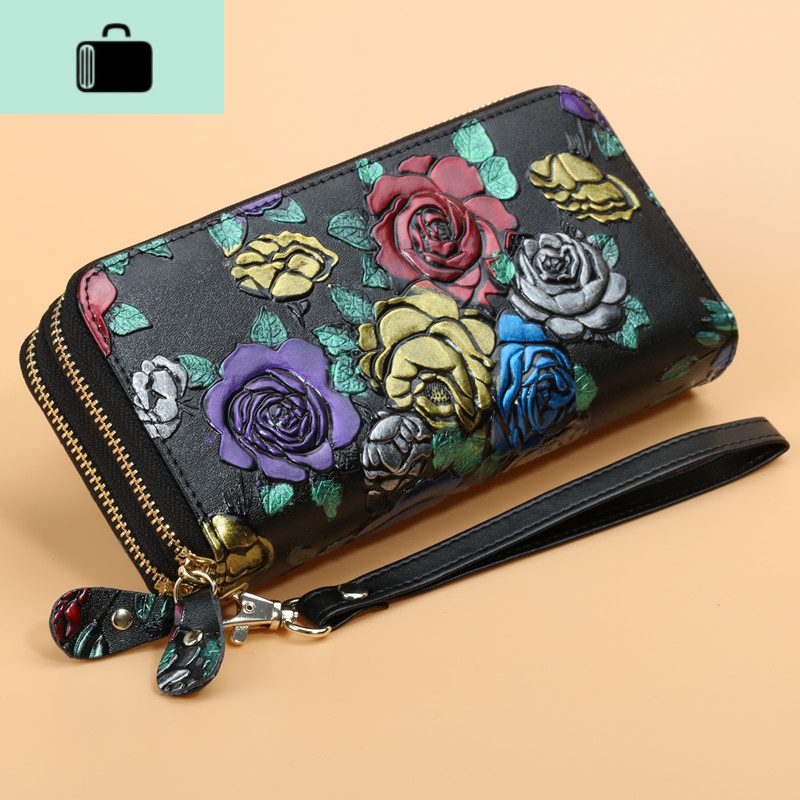 2020新款时尚皮钱包女长款大容量手拿包多功能钱夹双拉链小手包NEW LAKE 双拉链彩玫瑰