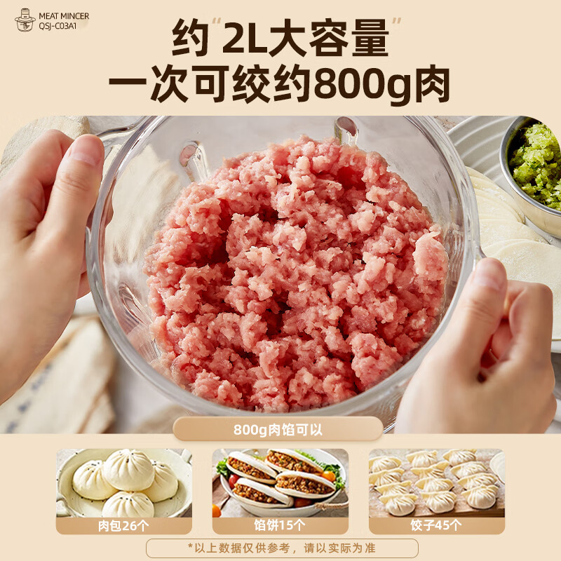 小熊(Bear)绞肉机家用 绞馅机 碎肉机 电动多功能料理搅拌机打肉机饺子肉馅蒜蓉机 搅肉机QSJ-C03A1 约2L高清大图