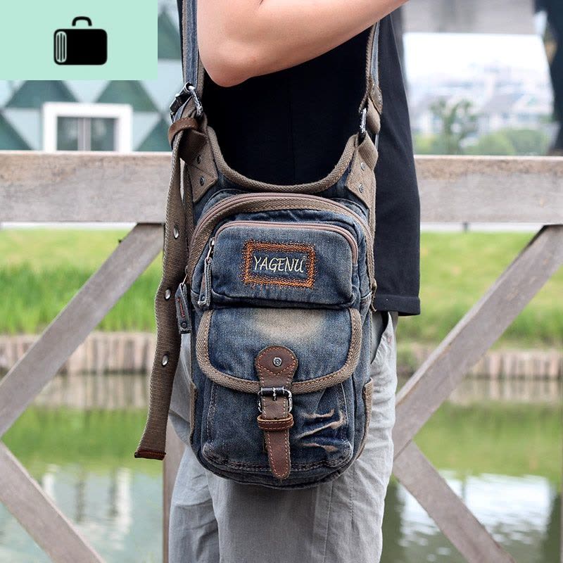 牛仔单肩包男复古帆布斜挎包旅游随身包牛仔布街头潮流小背包跨包NEW LAKE 复古蓝男士斜挎包图片