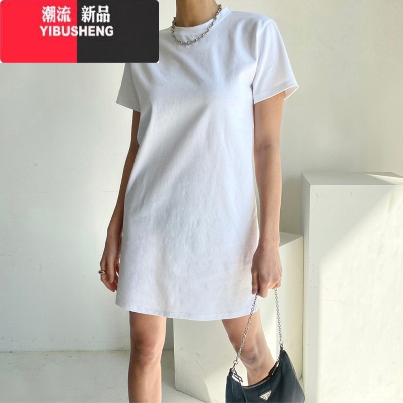 YIBUSHENG短袖t恤裙女中长款圆领套头纯色舒适宽松打底显瘦连衣裙子 白色修身款 2XL