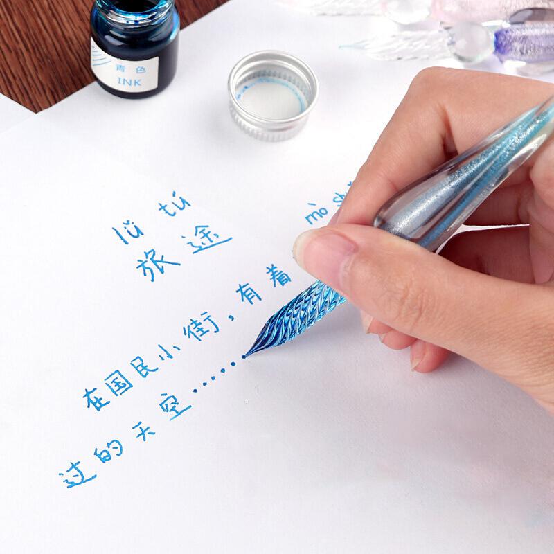 林檎玻璃蘸水笔套装 学生人造水晶钢笔礼盒装手工创意文具墨水笔沾水笔生日送朋友毕业季送女朋友老婆生日礼物 蓝鳞礼盒装