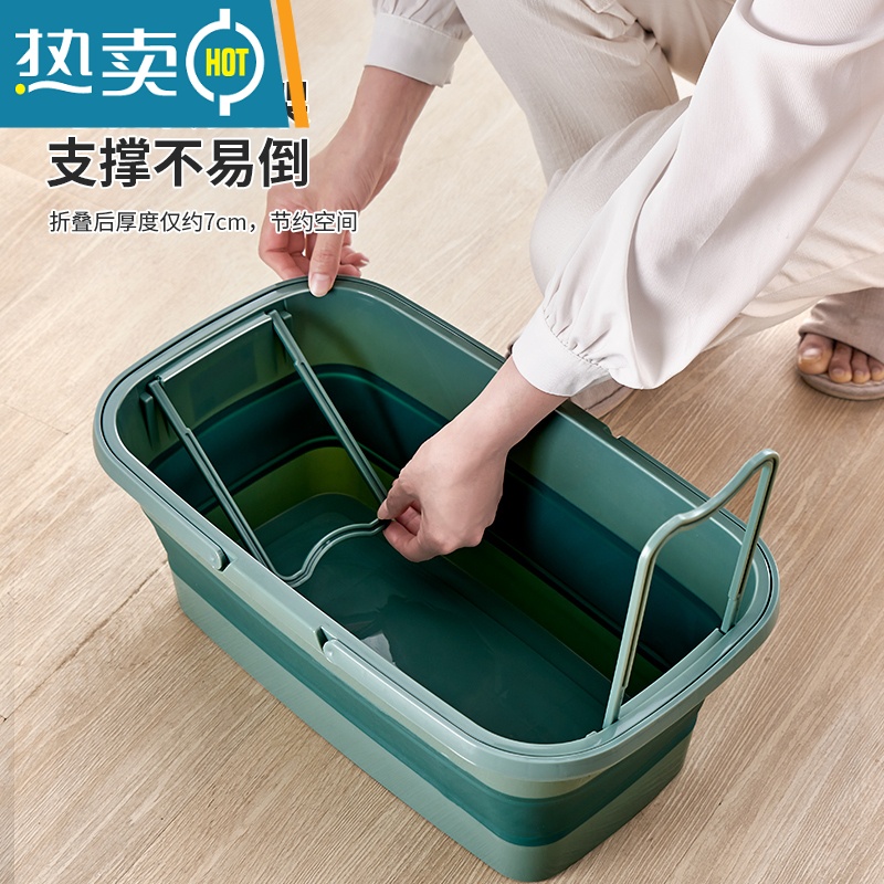 敬平可折叠洗拖把桶家用长方形拖地储水胶棉海绵布清洗挤水桶拖把单桶 升级加大双提手-可折叠内置支架-绿色+30片清洁片高清大图