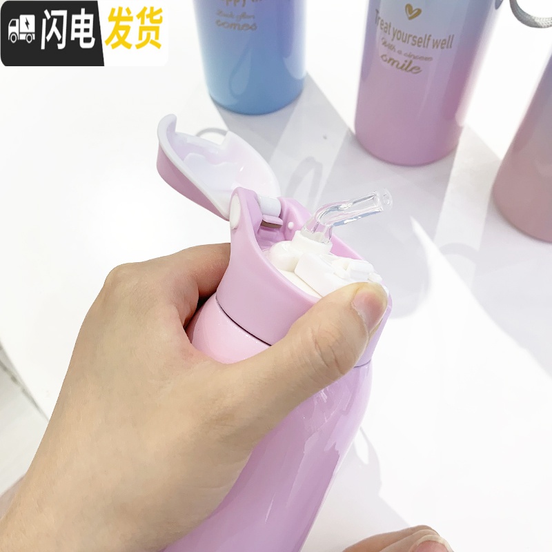 三维工匠带吸管保温杯女便携韩版儿童水杯不锈钢简约学生大人清新森系杯子 渐变粉蓝吸管保温杯260+杯袋+杯刷高清大图