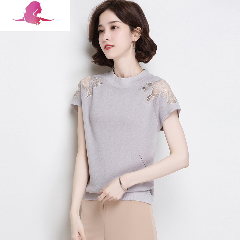 冰丝针织短袖女宽松短款气质镂空蕾丝拼接t恤轻熟风时尚上衣蕾丝衫