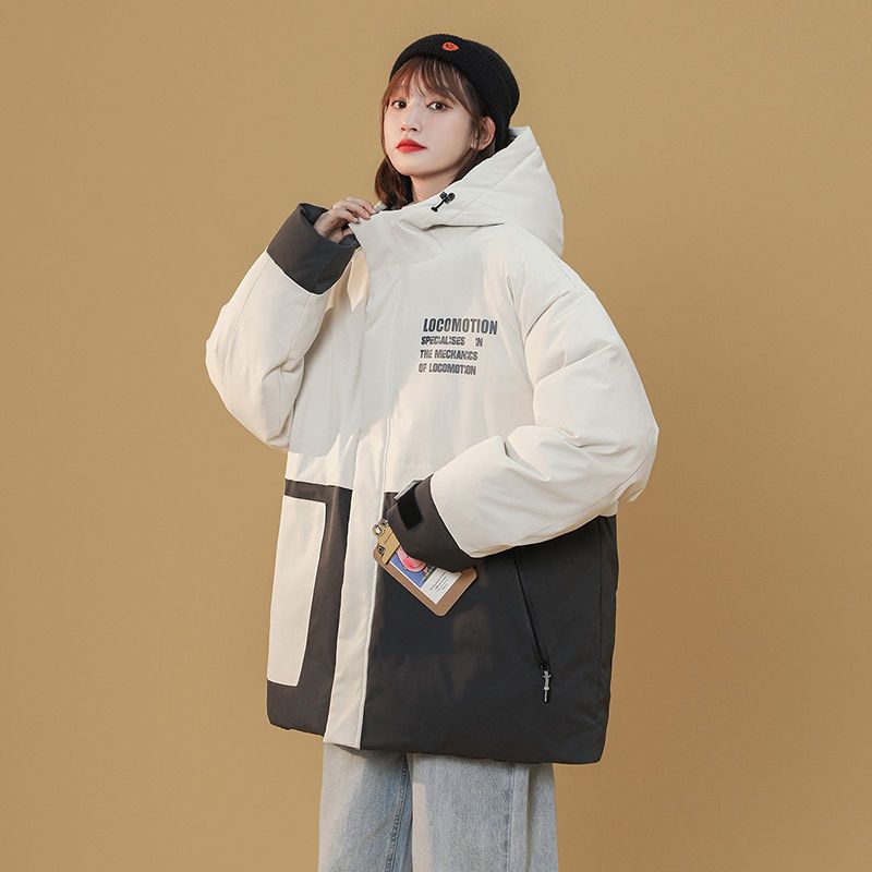 DEBRAND棉衣女2021年新款秋冬季加厚宽松拼接色印花连帽工装外套